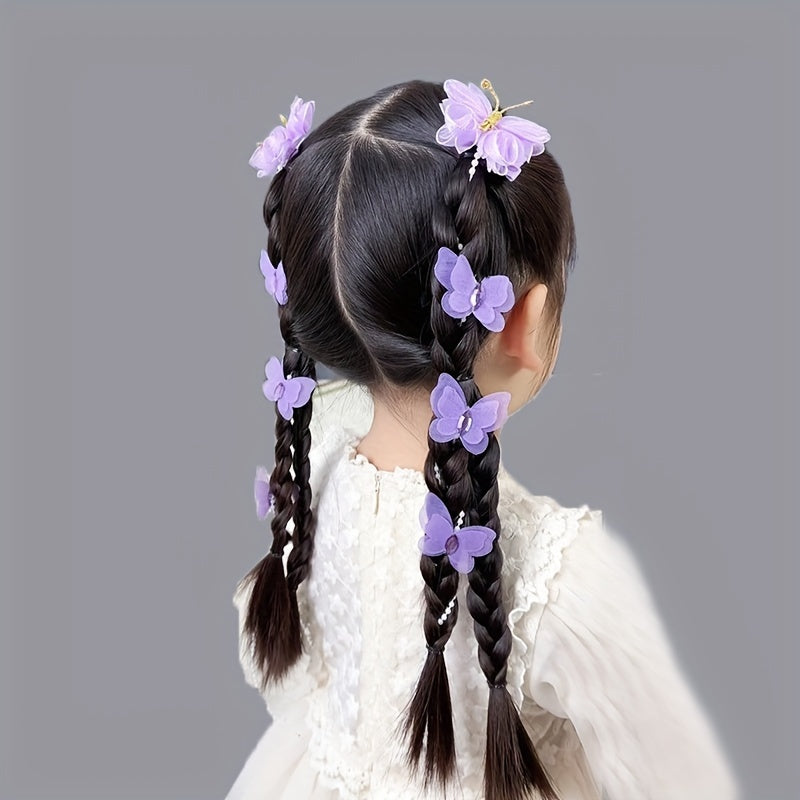 New set of 2 girls' hair clips featuring butterfly imitation pearls, cute mesh yarn flower, long bead tassel, and braided hair chain for youngsters' headwear.