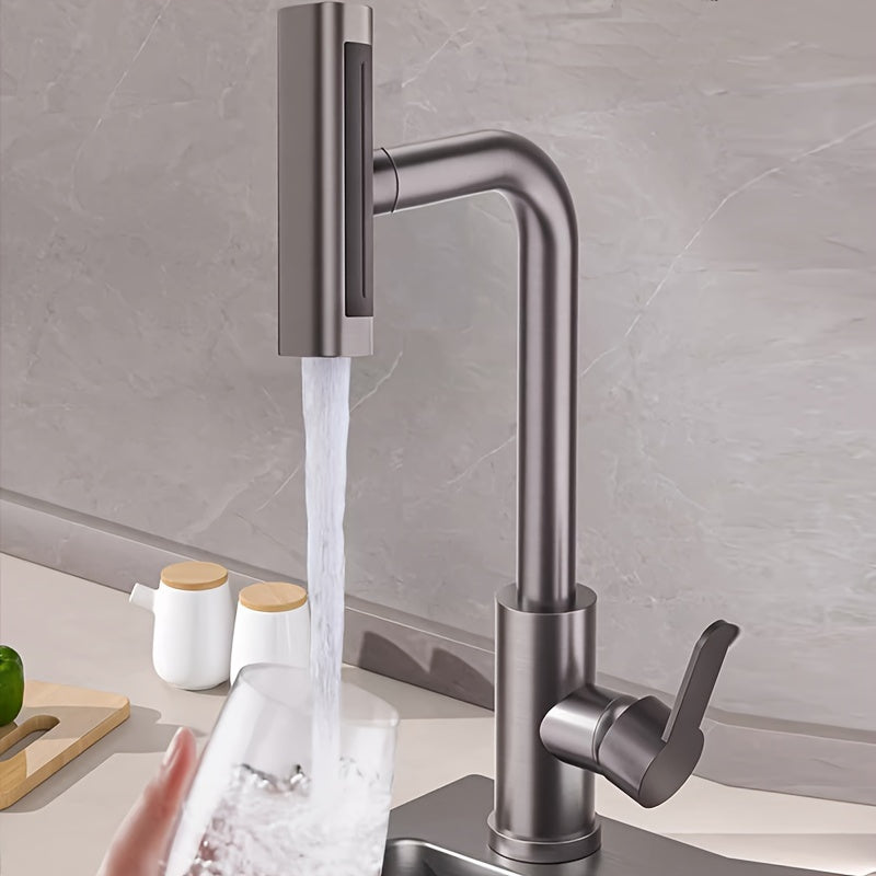 Commercial kitchen faucet with sprayer, rotary spout, and durable single-handle mixer. Space-saving design for various locations including farmhouses, caravans, stores, and modern kitchens.