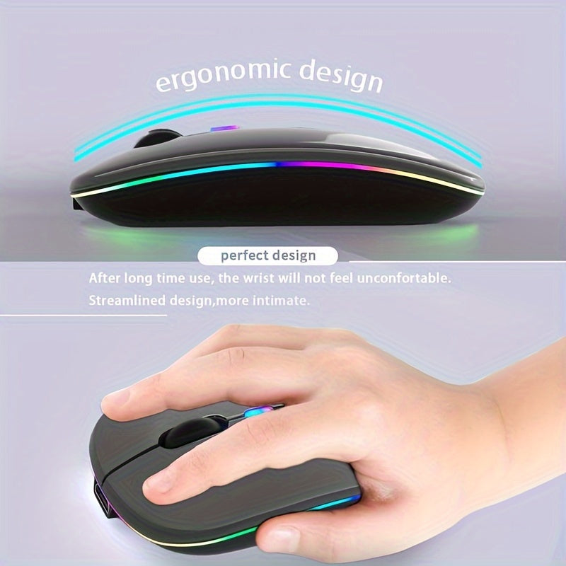 Slim wireless mouse with 2.4G+BT technology, USB receiver, and anti-slip scroll wheel, suitable for laptops and computers.