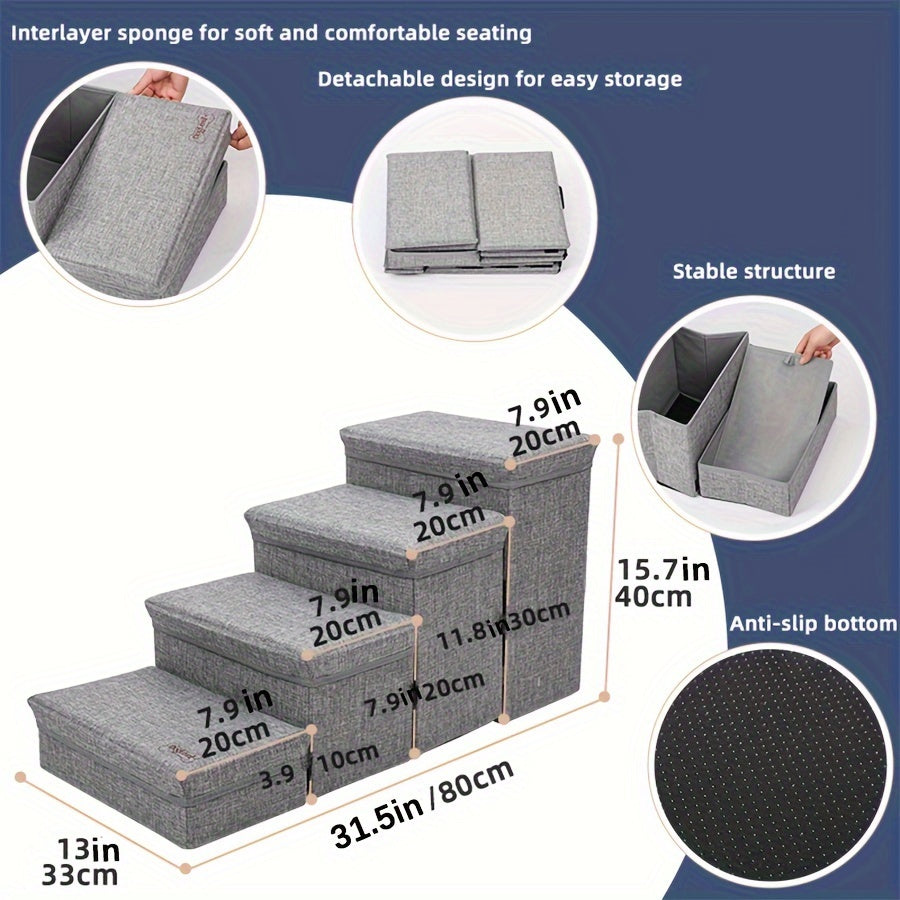 Small dog 4-tier folding stair in grey, for tiny and small breed dogs.