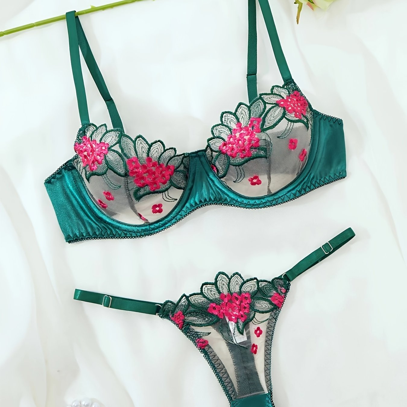 Green floral lingerie set for women with sheer mesh bra and high-waist thong. Features sexy V-neck design, breathable fabric, perfect for romantic evenings.