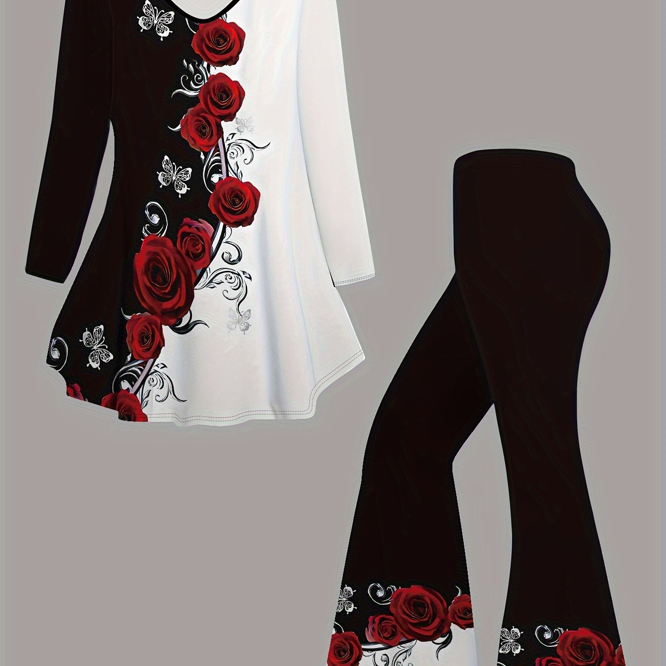 2-piece Rose Print Outfit: V Neck Flare T-shirt & High Waist Flare Leg Pants for Women