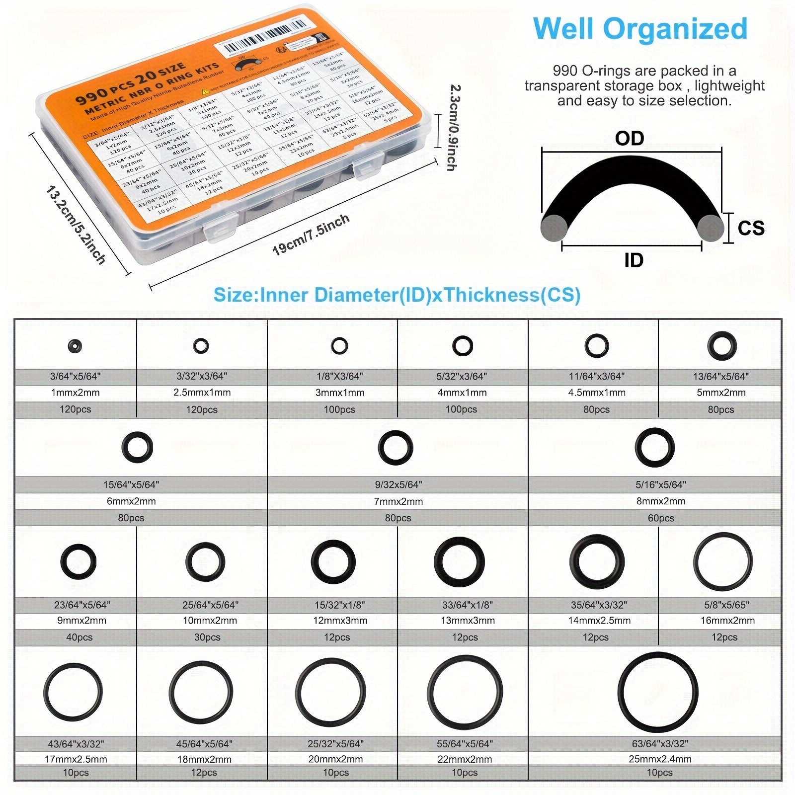 990pcs of 70A hardness nitrile rubber O-ring kits with synthetic gaskets suitable for high-pressure cleaning machines, tubes, and gas sealing components in 20 sizes.