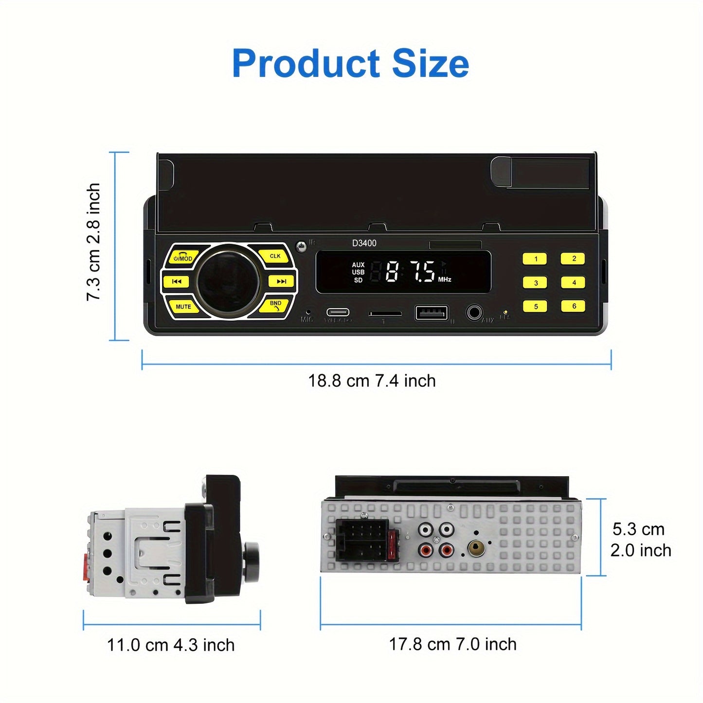 Podofo D3400 12V Car Stereo with FM/USB/SD/AUX-IN, Mobile Phone Holder, Remote Control, 45Wx4 Amplifier, MP3/WMA/CDDA Audio Playback, Easy Installation Kit - Black