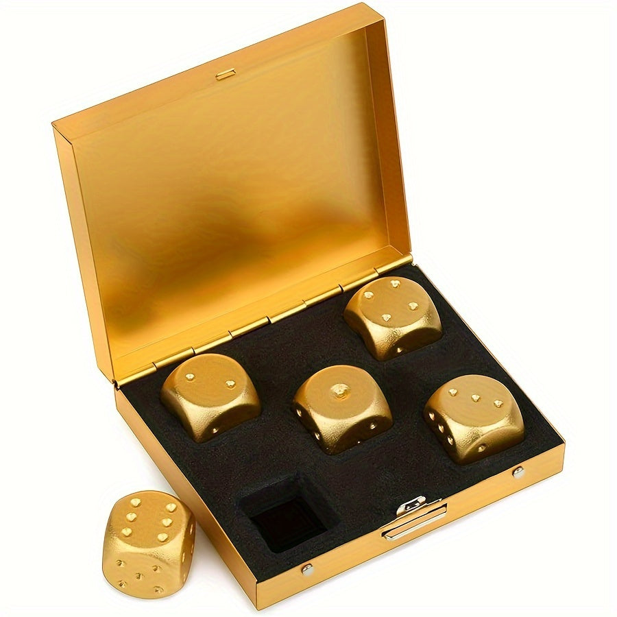 Premium set of 5 golden aluminum alloy dice with storage box - Ideal for party games, easy to read and accurate. Great for party games.