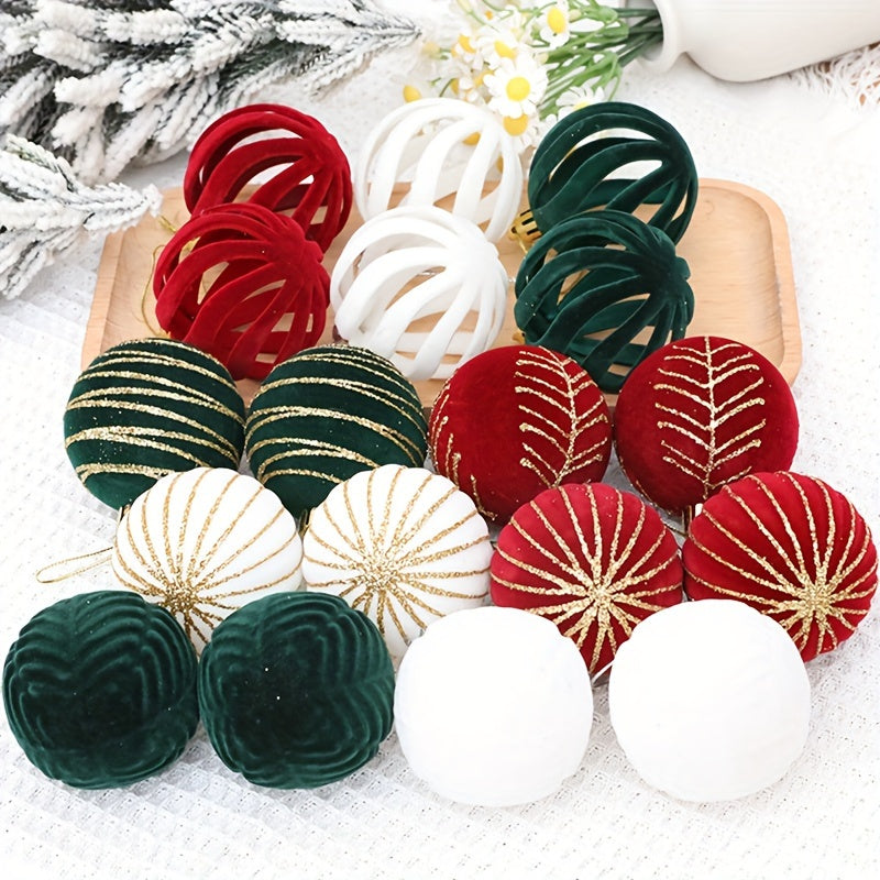 Valentine's Day plush ball ornaments in red, white, and green for decorations and parties.