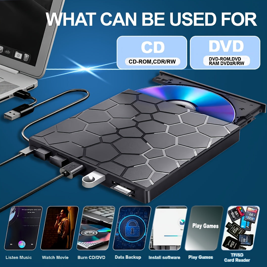 An ultra-thin portable CD/DVD drive with USB 3.0 Type-C port, SD card reader, and compatibility with various devices and operating systems.