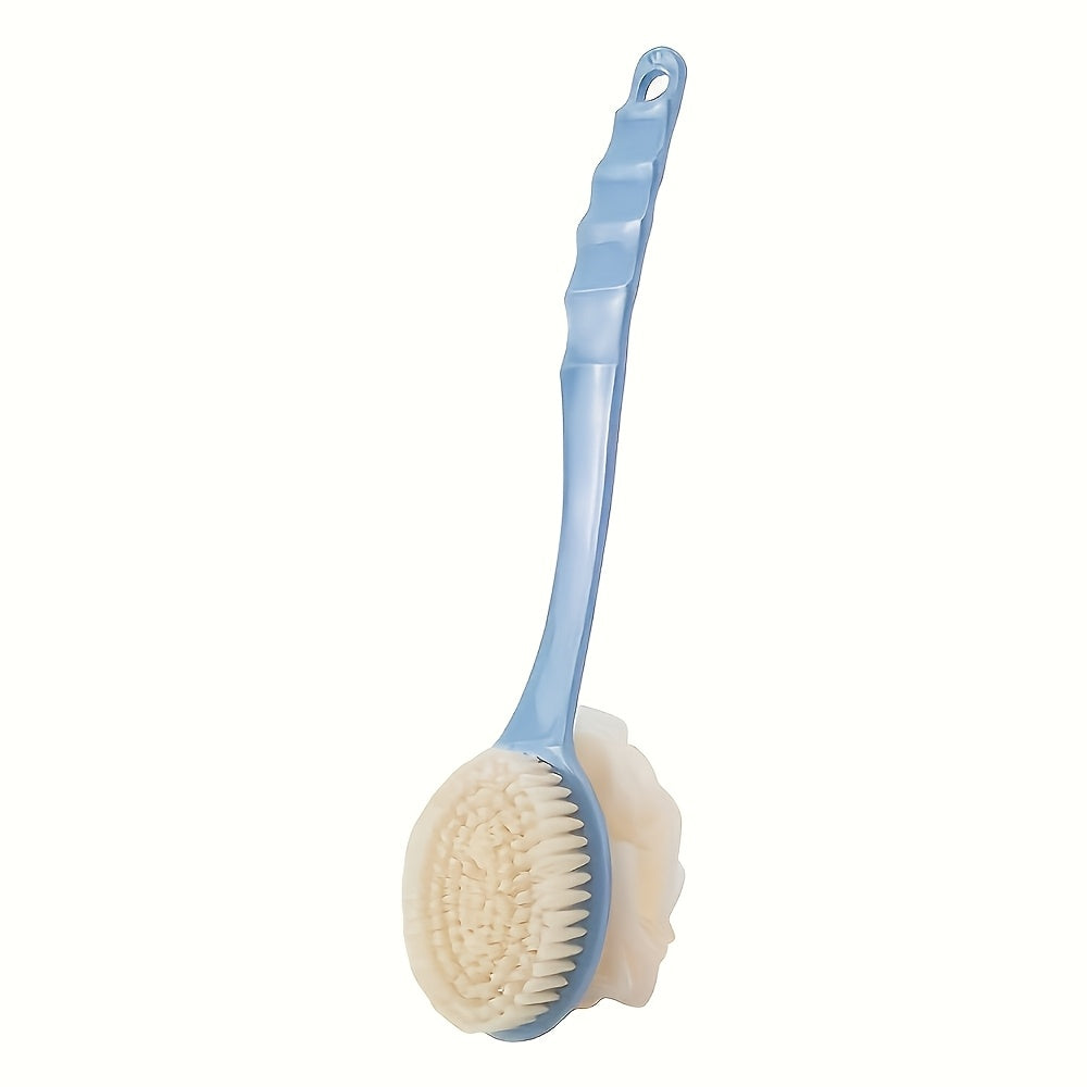 Two-in-one shower brush with soft loofah for back scrubbing, no batteries or oil needed.