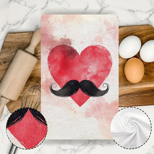 Set of 2 Ultra Soft Kitchen Towels with Fun Heart and Mustache Design, Super Absorbent Polyester Dish Hand Towels, Easy to Clean in Washing Machine, Size 40.64x60.96 cm - Perfect for Valentine's Day Decor and Daily Use in the Kitchen, Dish Towels