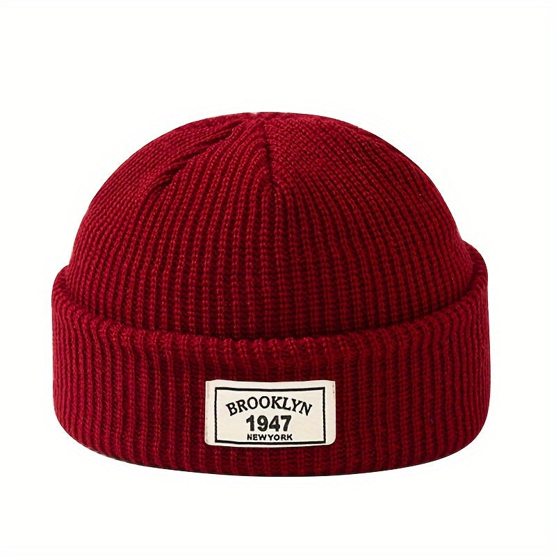 Knitted beanie for men - warm and elastic winter hat with letter patch, perfect for active leisure and holiday gifting, including Valentine's Day.