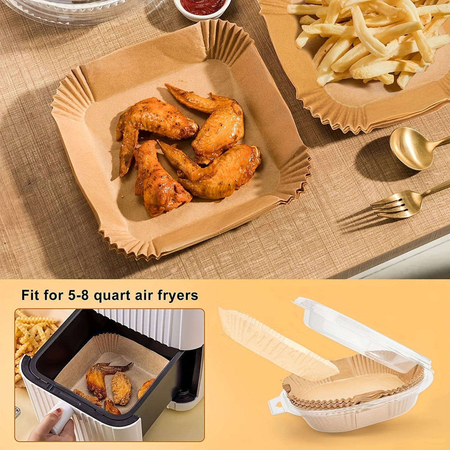 Get your hands on our Disposable Paper Liners for Air Fryers! These 8-inch square parchment sheets are non-stick and perfect for use in air fryer baskets, steamers, and microwave ovens. Available in packs of 125 or 50.