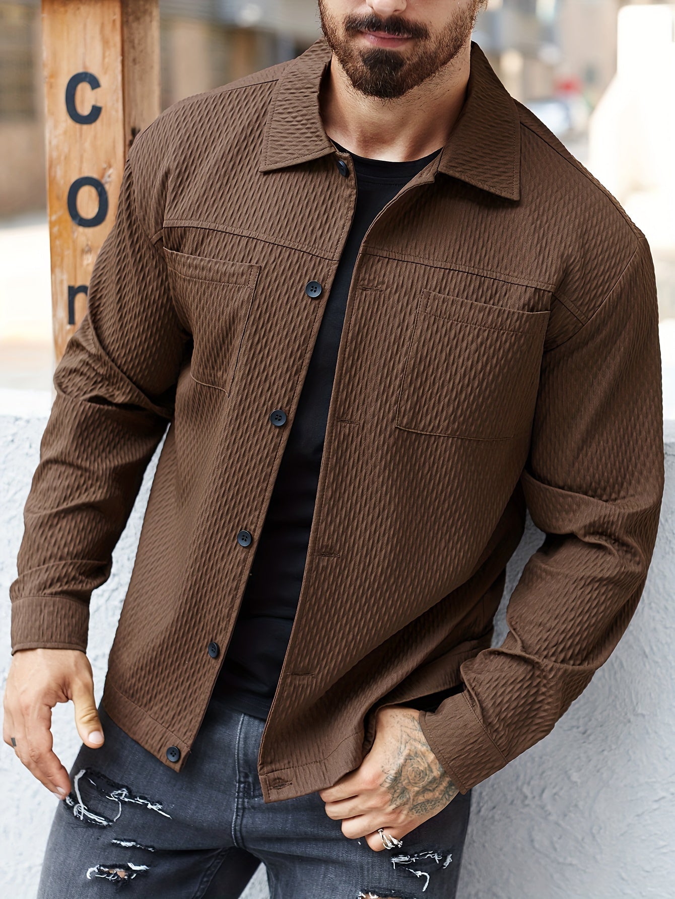 Textured long sleeve shirt for men, perfect for winter and fall, great as a casual gift.