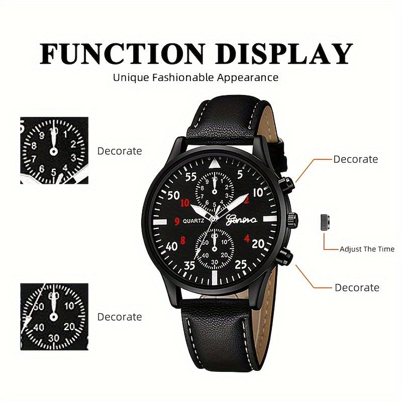 Set of 5 Fashion Men's Casual Black Leather Watches with Life Tree Design and Rope Strap