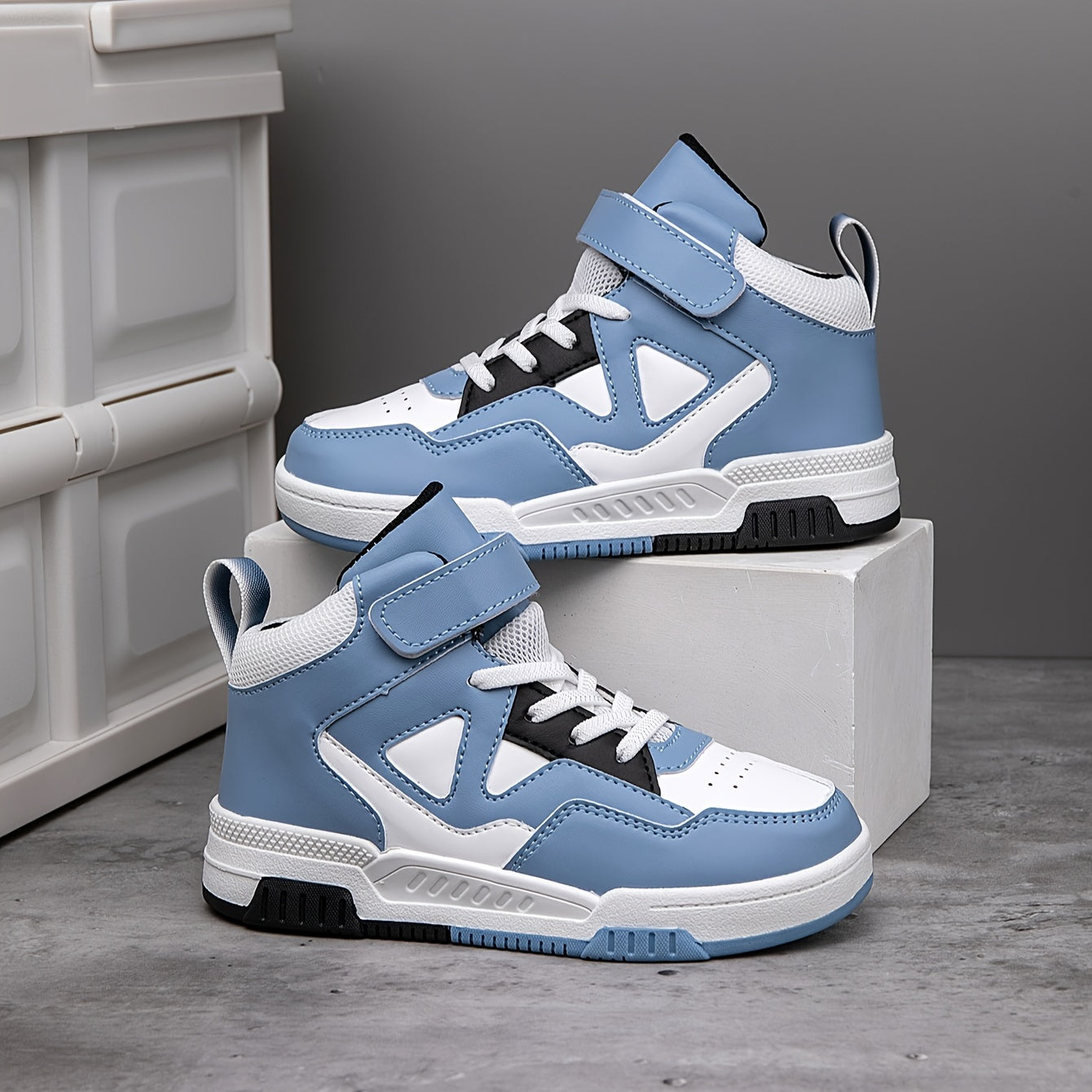 Vintage geometric high-top sneakers with hook-and-loop closure - breathable, non-slip, ideal for running and casual wear for boys and girls.