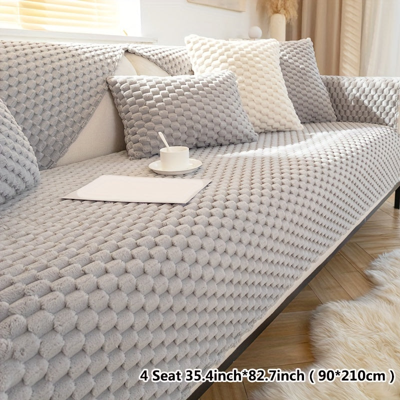 Modern sofa slipcover is stylish and pet-friendly, non-slip for all seasons, fits single to four-seater sofas, machine washable, includes square cushion, backrest, and armrest.