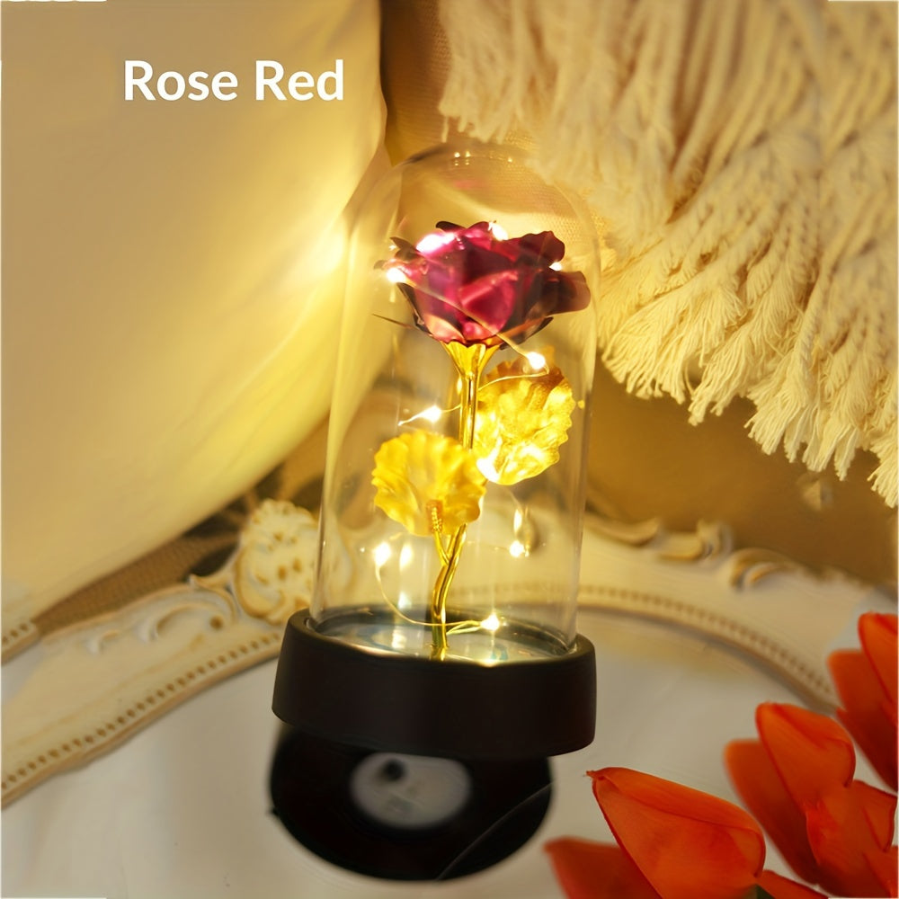 LED flower night light with gold foil rose design, tabletop lamp with switch control, battery-powered for bedroom decor. Includes 1 non-rechargeable button battery.