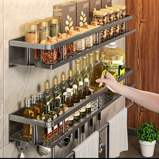 A sleek Aluminum Spice Rack featuring a polished finish, simple wall-mount installation, and versatile design for organizing your kitchen and bathroom essentials. Effortlessly store spices and other cookware with this space-saving, punch-free storage