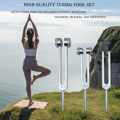 Chakra healing tuning forks made of aluminum alloy at frequencies of 128 Hz, 256 Hz, and 512 Hz, designed for healing therapies and auditory care, featuring a non-rechargeable silver-gray