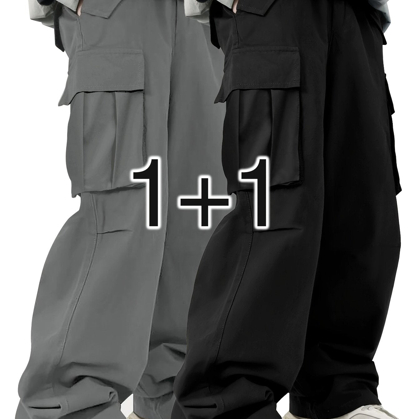 Two men's casual cargo pants with flap pockets in a solid color, loose fit, made of machine-washable polyester.