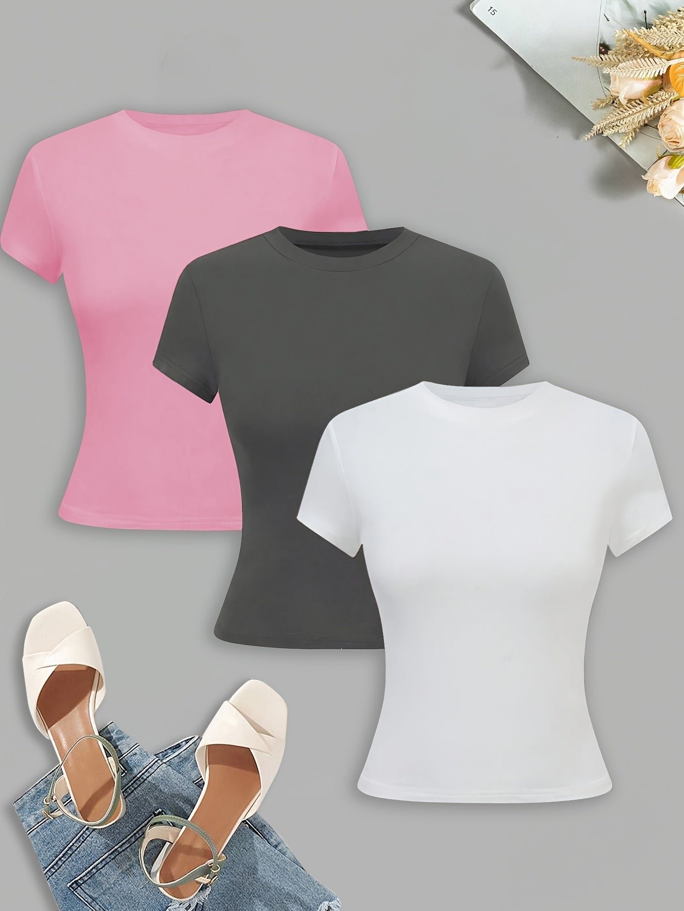 New Women's Slim Fit Solid Color T-shirt Three-piece Set - DP111061