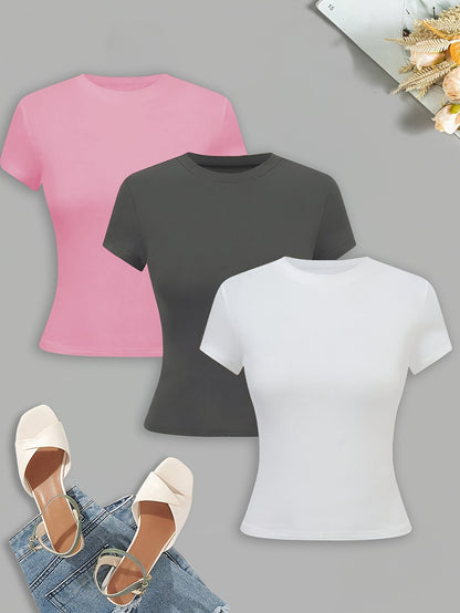 New Women's Slim Fit Solid Color T-shirt Three-piece Set - DP111061