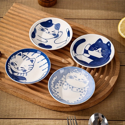 4 Japanese ceramic dessert plates and sauce dishes with a cute cartoon Lucky Cat pattern, suitable for home kitchens, restaurants, and hotels.