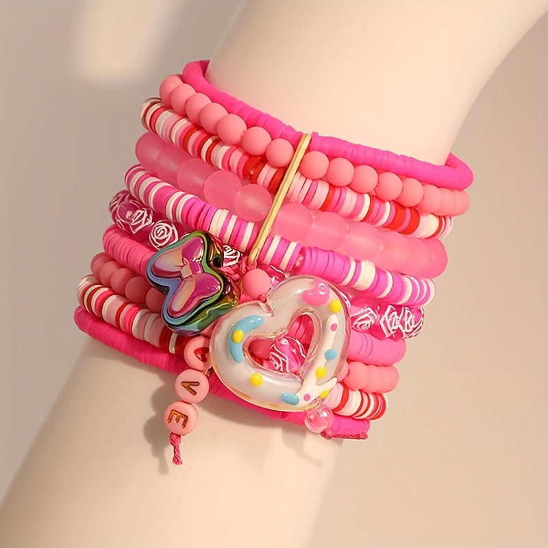 Bohemian-inspired Multi-Layer Pink Resin Beaded Bracelet featuring Heart & Butterfly Charms, a Lovely Pendant Jewelry Piece for Women. Ideal for Valentine's Day, Everyday Wear, or Vacation Style. A Versatile Fashion Accessory for All Seasons.