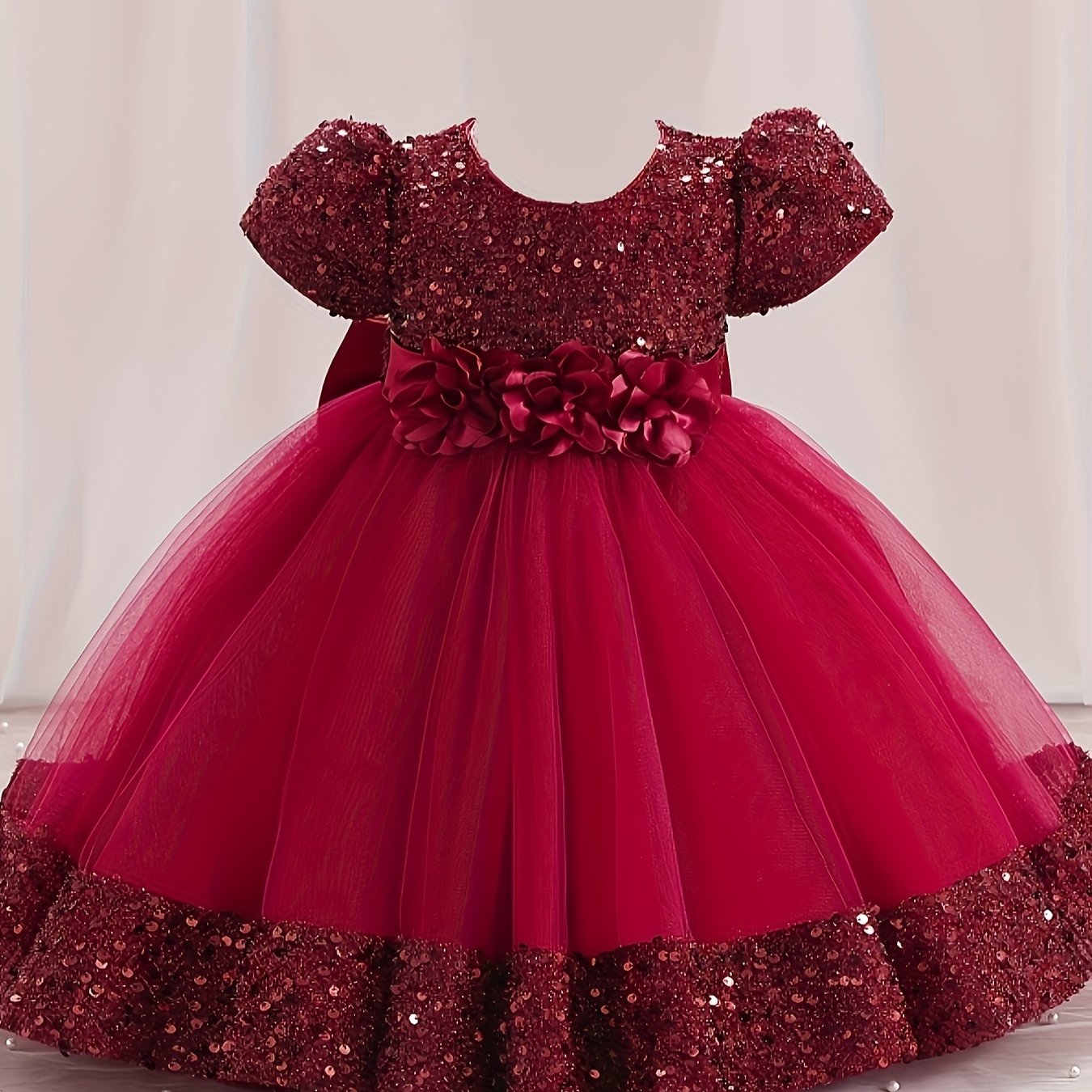 Sparkling gown dress with 3D flower decor and sequins, perfect for weddings, birthdays, and parties.