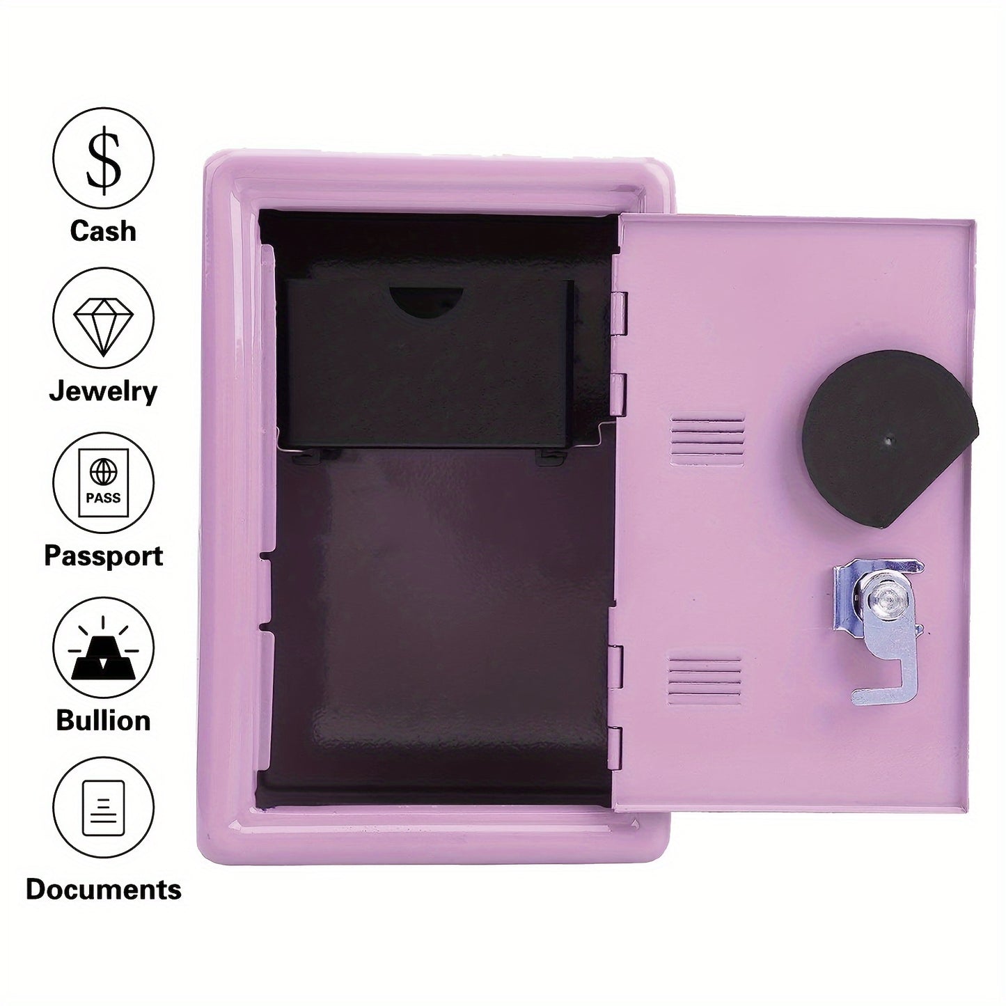 One unit metal piggy bank with key and combination lock, pull-out drawer, ideal as gift.