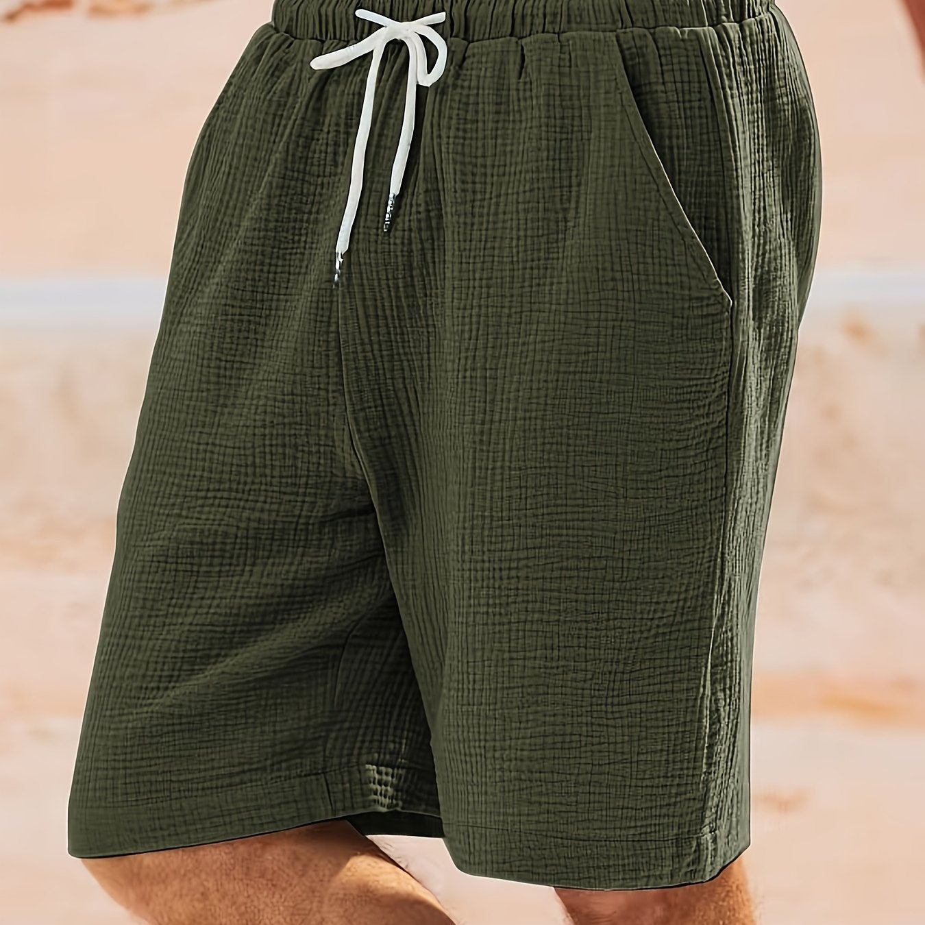 Men's solid color woven casual shorts with pockets, loose fit, perfect for beach, vacation, or weekend casual wear.