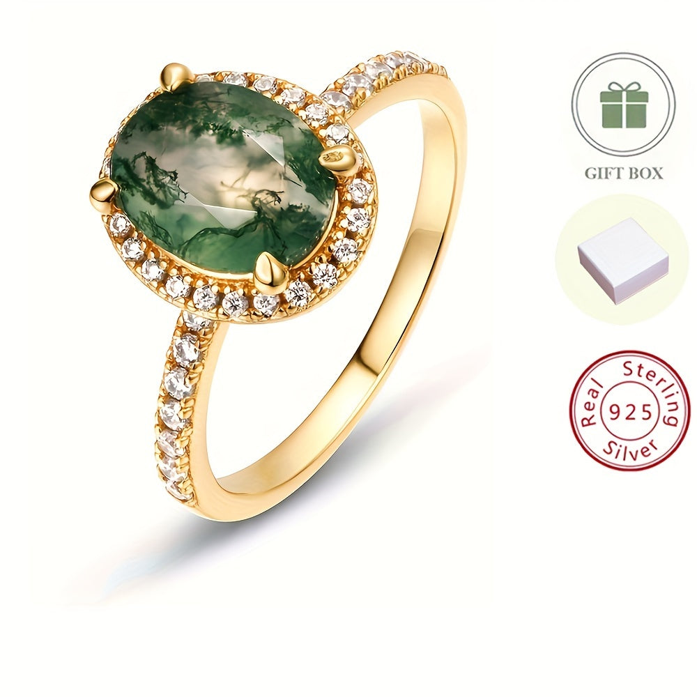 Perfect Christmas Gift For Your Loved One - High Quality, Dainty 925 Sterling Silver Ring with 14k Plated Inlaid Moss Agate, Ideal Party Accessory for Females.