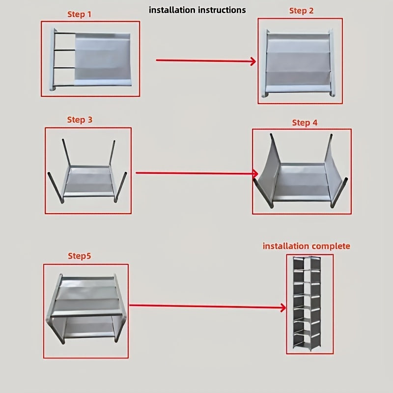 Tall narrow shoe rack designed for front door or closet entrance, made of durable metal with 7 shelves to store 4-7 pairs of shoes or boots. Stackable design saves space.