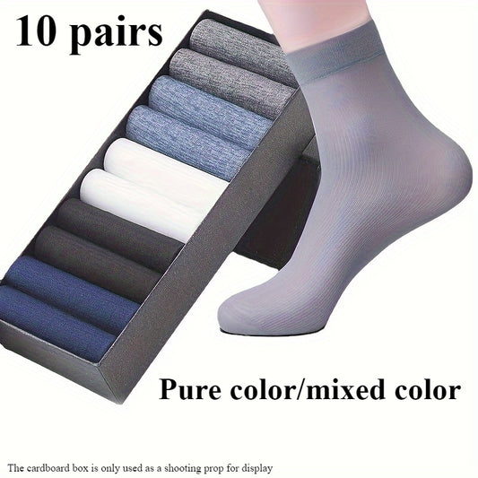 10 pairs of men's ultra-thin, sweat-wicking mid-calf socks for daily wear and sports, made of a breathable polyester spandex blend in solid colors.