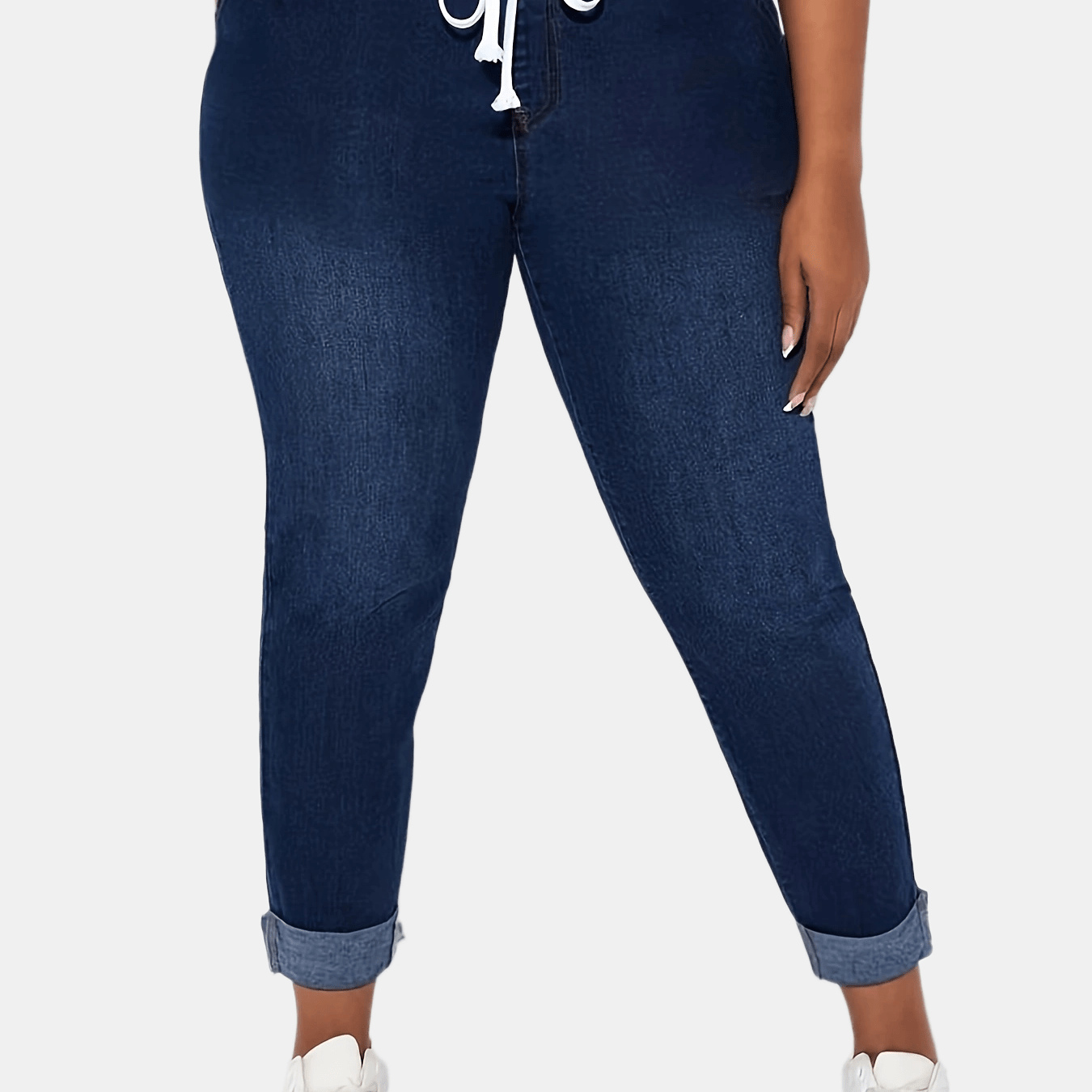 Womens' Plus Size High Waist Denim Jeans, Stretchy Cotton Blend, Solid Color, Long Skinny Fit, with Drawstring Waist and Cuffed Hem, All Season Wear