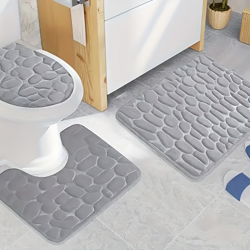 3pcs Plush Coral Fleece Bath Mat Set - Soft, Absorbent & Non-Slip with PVC Backing, Machine Washable, Hexagonal Pebble Design, Low Pile, Modern Bathroom Accessories.