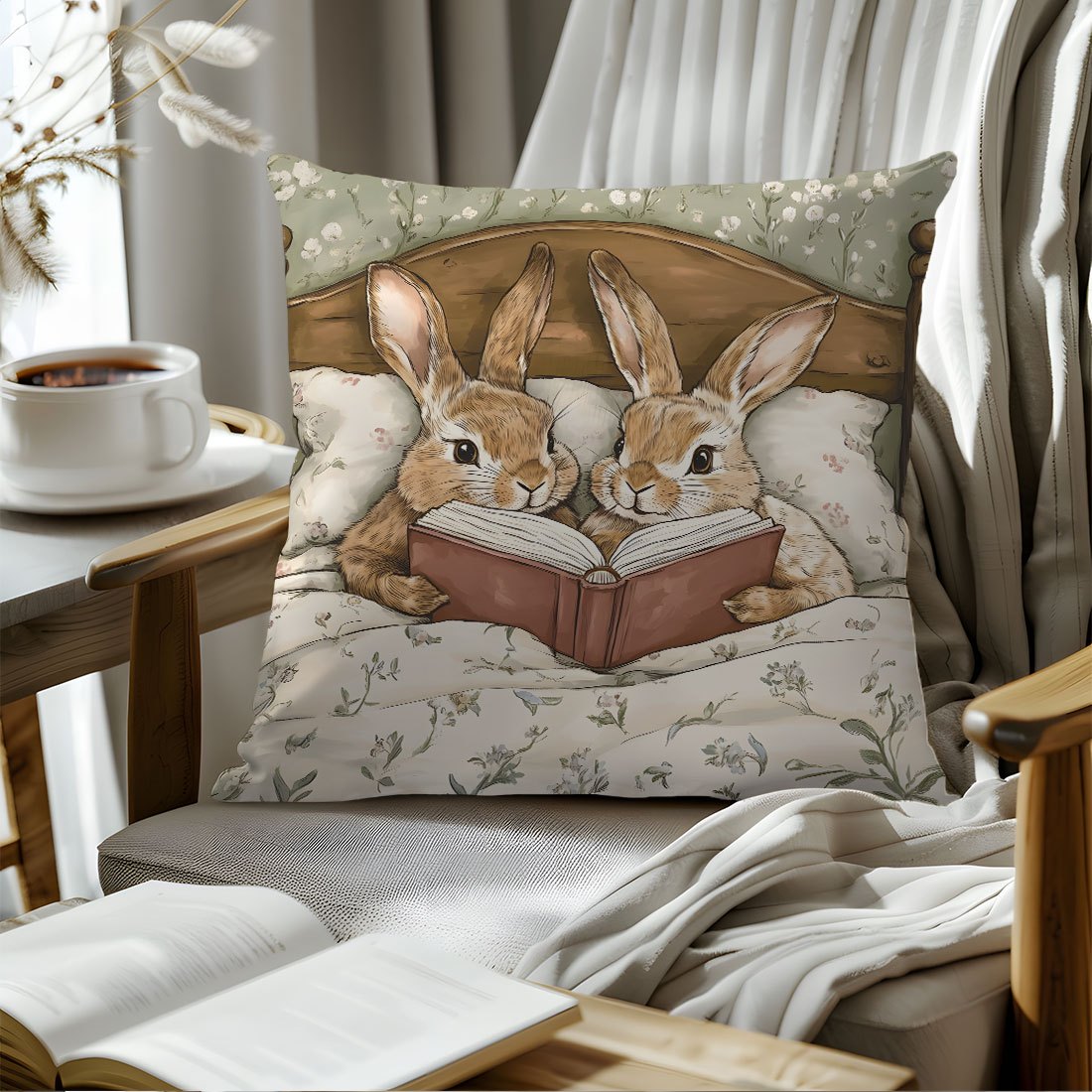 Easter Cartoon Rabbit Storybook Sofa Throw Pillow Cover - Single-sided print, made of peach skin fabric, 45*45cm.