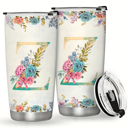 20oz Stainless Steel Tumbler with Initial Monogram, Floral Design, Leak Proof Lid, Perfect for Outdoor Activities, Great Gift for Holidays.