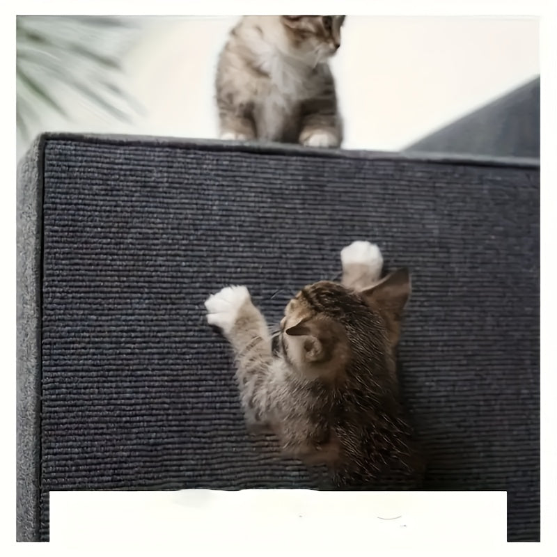 Durable self-adhesive cat scratching mat in gray protects sofas from claw damage, made of anti-dander polyester material.