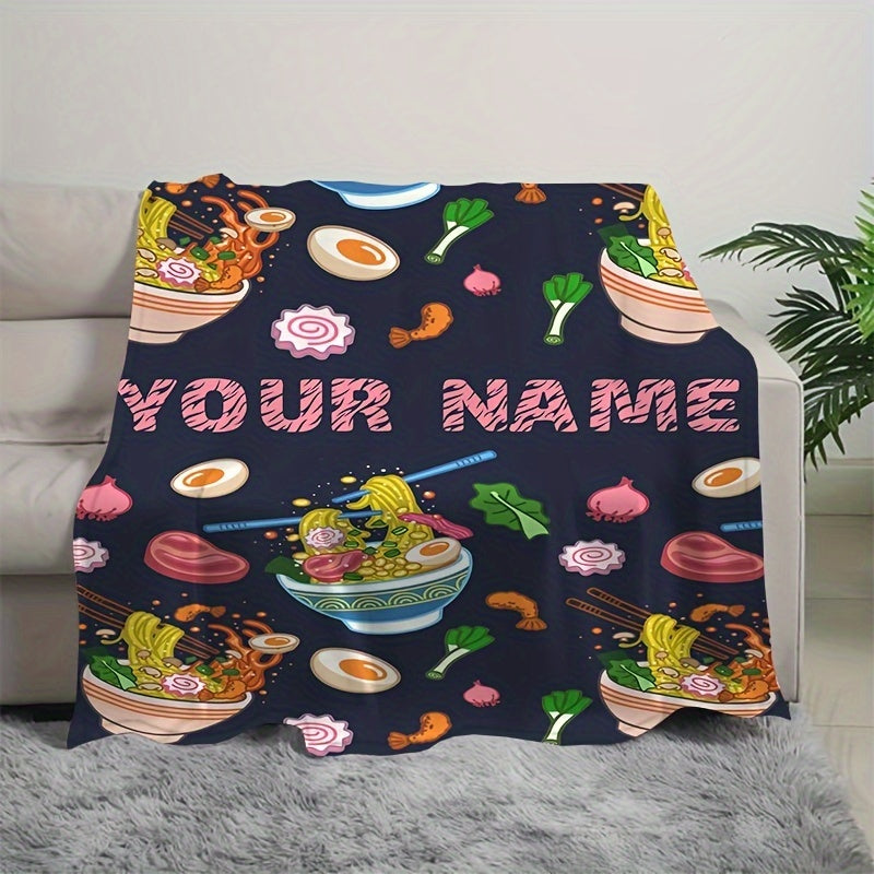 Personalized Fun Ramen & Pink Donut Food Blanket - Cozy Flannel, Versatile Throw for Bedroom, Travel & Picnics - Safe for Allergies, Dessert-themed, Perfect for Girls' Room Decor