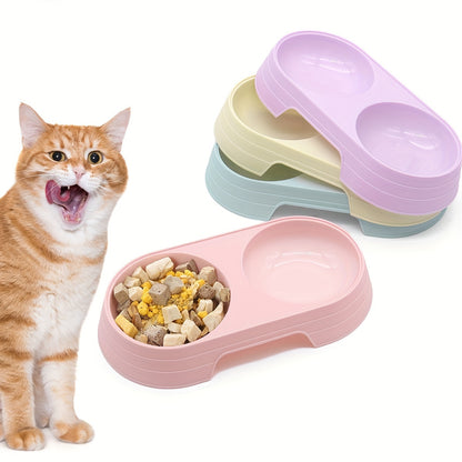 Integrated food and water station for cats made of durable PP material. 2-in-1 design with multiple compartments in purple, yellow, pink, and greenish-blue. Ideal for indoor cat feeding