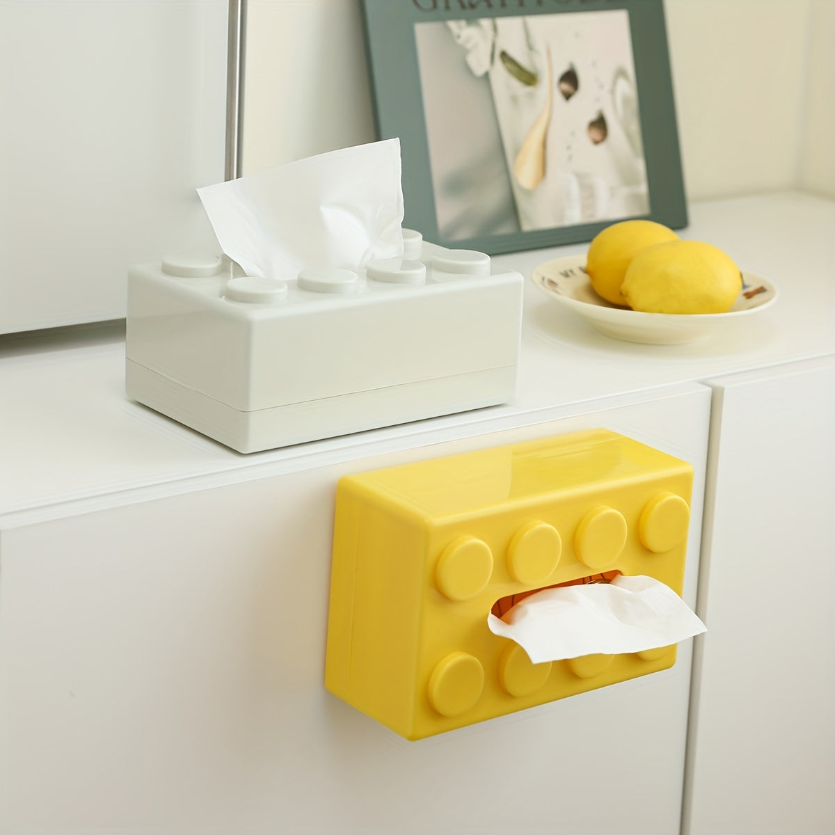 Wall-mounted plastic napkin dispenser doubles as a creative building block tissue holder, making it a multifunctional home dining table storage organizer for Thanksgiving without the need for drilling.