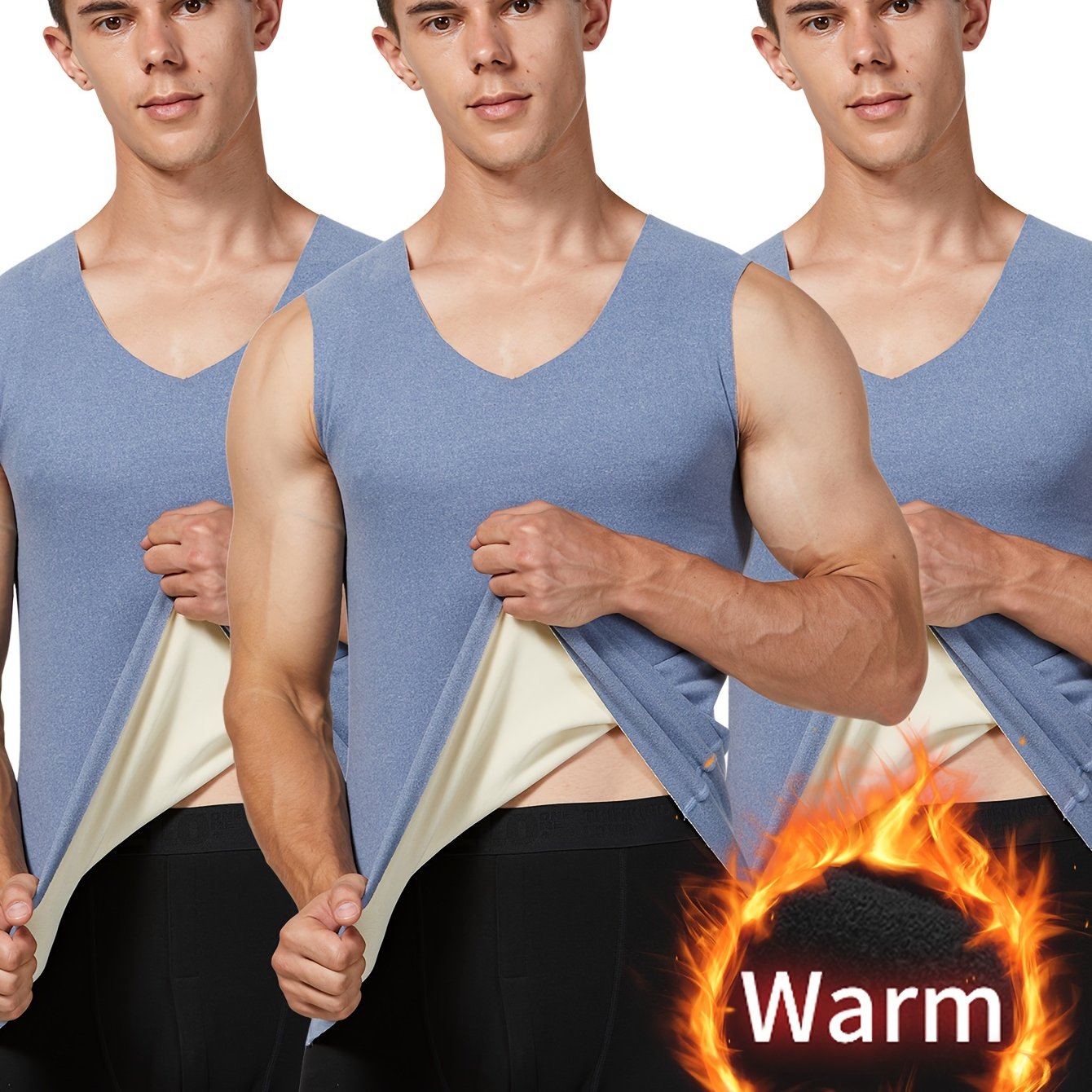 Warm, V-neck 3-pack men's vest set made of polyester and spandex blend for hiking and outdoor activities.