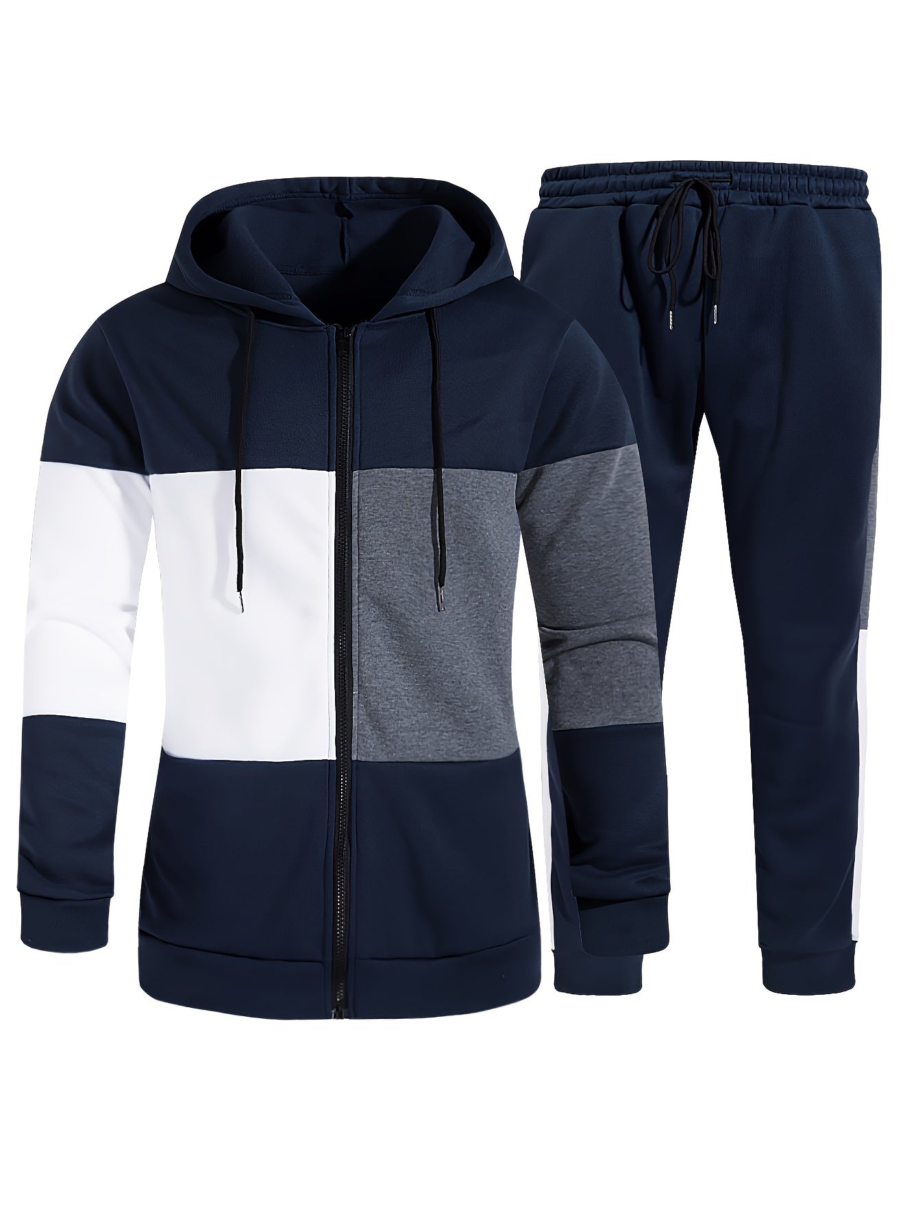 Men's Color Block Zip-Up Hoodie & Drawstring Joggers Set - Perfect for Fall/Winter Outdoor Activities, Machine Washable Casual Knit Fabric