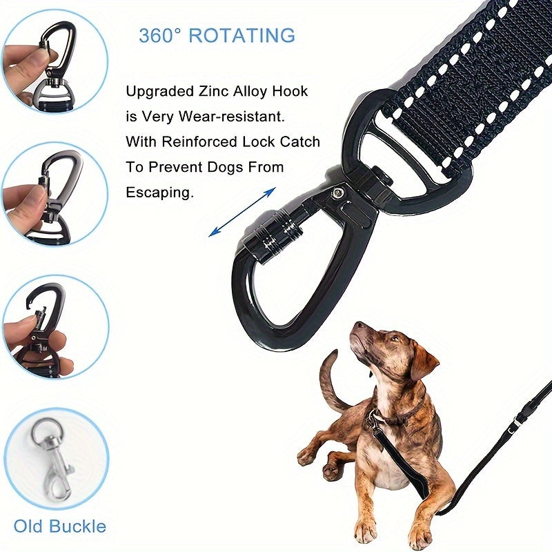 Bungee dog leash with 2 padded handles, reflective threads for medium to large dogs, 4-in-1 multifunctional design with car seat belt.