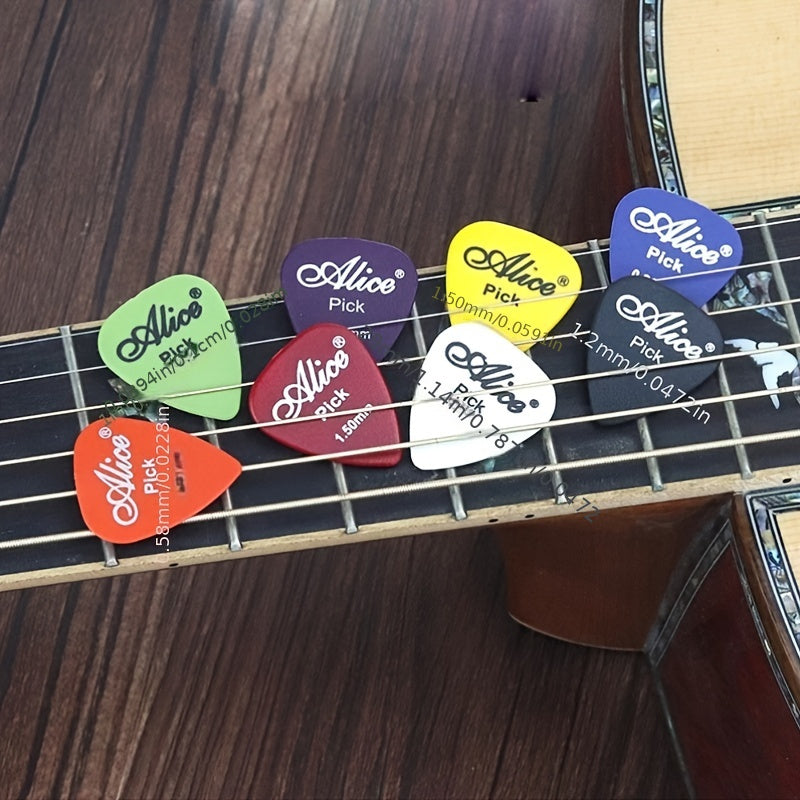 Alice Guitar Pick Set: 20pcs with various colors and thickness ranging from 0.58 to 1.5mm. Suitable for acoustic, electric, and bass guitars.