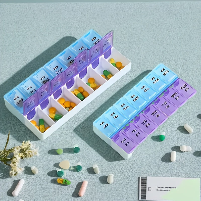 Portable 7-day pill organizer with dual-color compartments made of plastic.