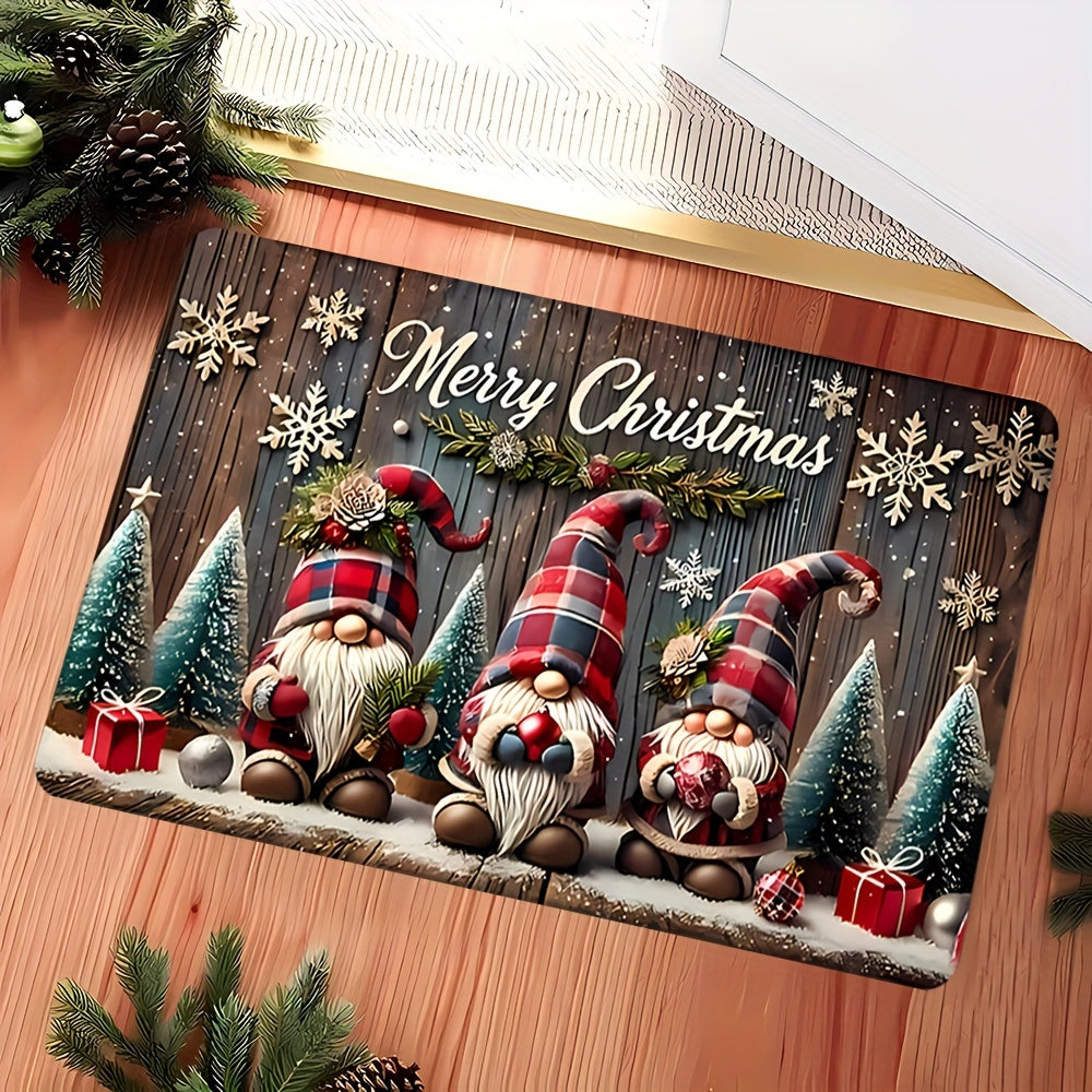 Welcome guests with the Christmas Gnome Doormat, a polyester area rug that is machine washable and features a low pile knit weave. This festive holiday decor piece comes with indoor anti-slip backing, making it perfect for use in your home, bedroom