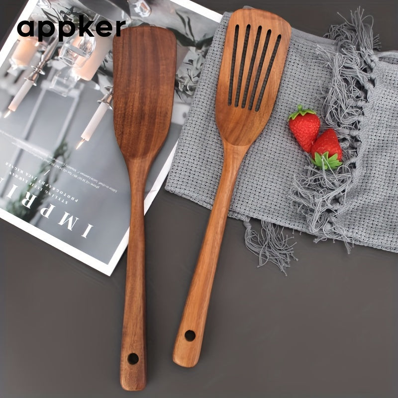 Acacia Wood Spatula Set by Appker - Non-Stick, Food-Safe Kitchen Tools for Cooking, Mixing, Frying, and Flipping - Includes Durable Slotted Turner and Flat Spatula for Fish, Eggs, and More