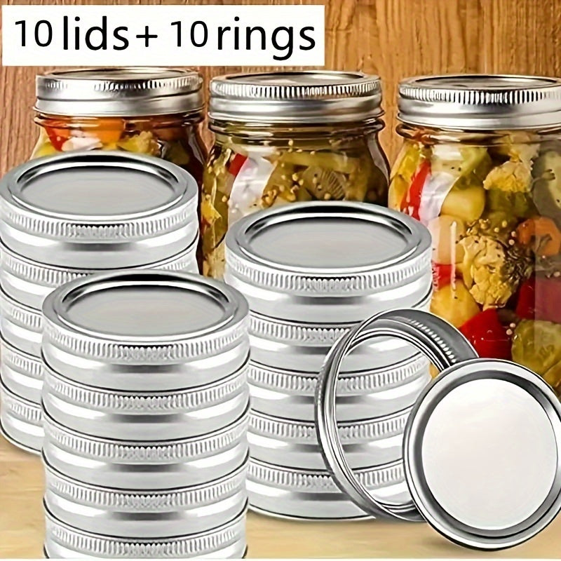 20 pieces/10 sets of can lids for both regular and wide mouth can sizes. These two-piece lids come with silicone sealing rings for leak-proof and safe storage. They are suitable for regular and wide mouth Mason jars, helping with kitchen organization and