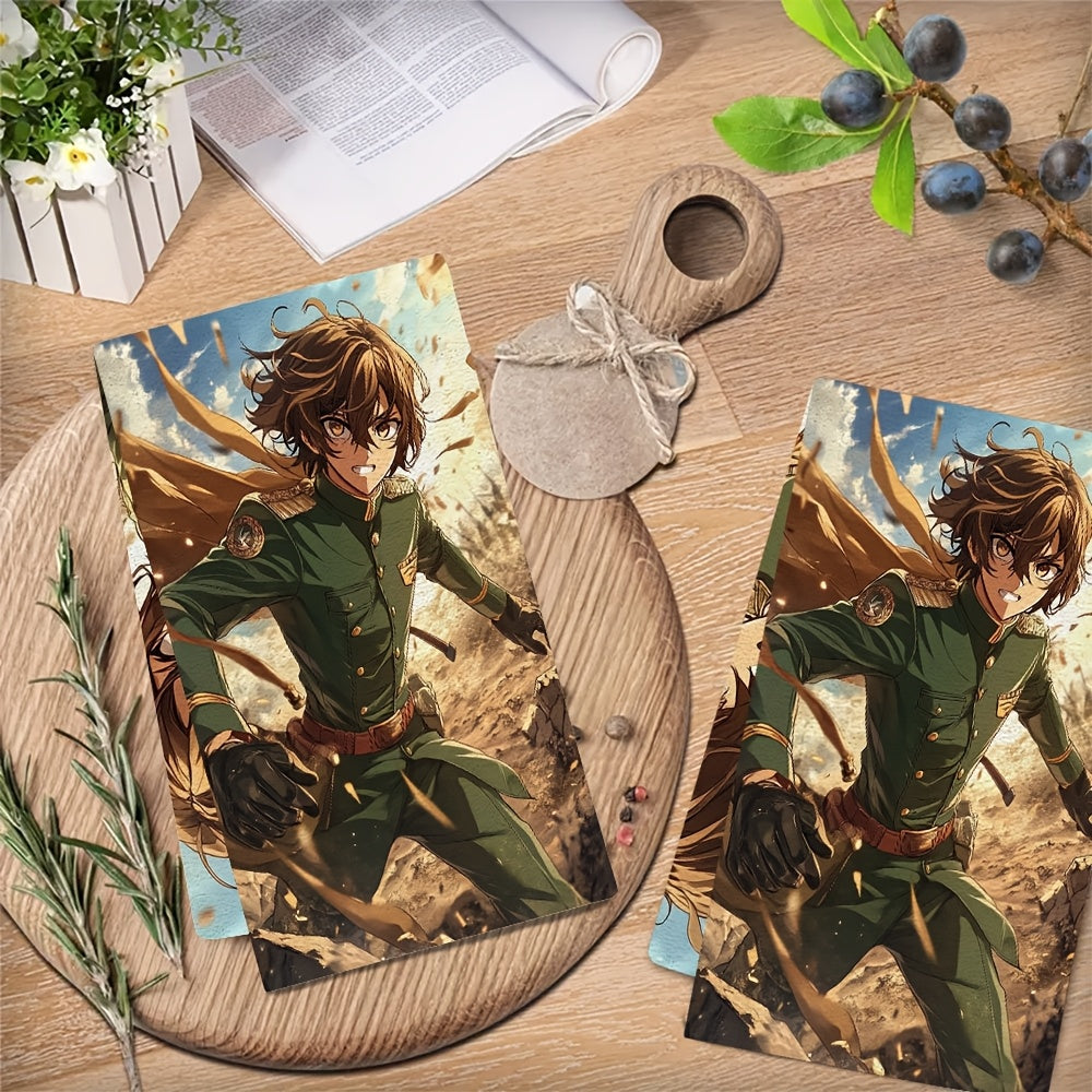 Two ultra-soft kitchen towels depicting a charming anime boy with brown hair in a green uniform, leading his troops to victory. These dish towels are highly absorbent and ideal for holiday decoration. They can be easily cleaned in the washing machine and